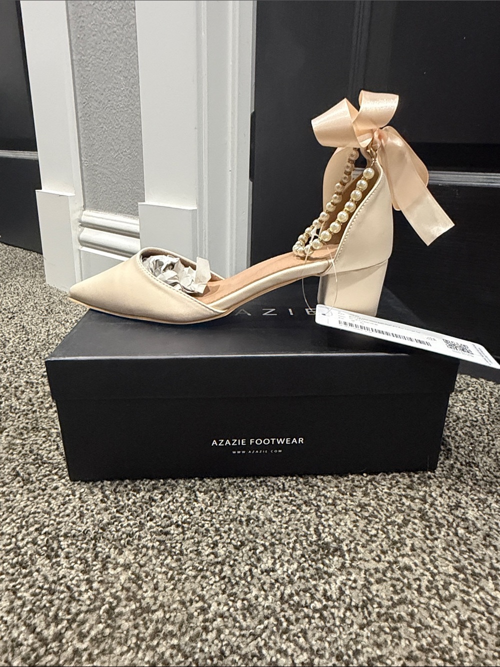 Azazie Satin Pointed Toe Heel with Pearl Ankle Strap - Champagne